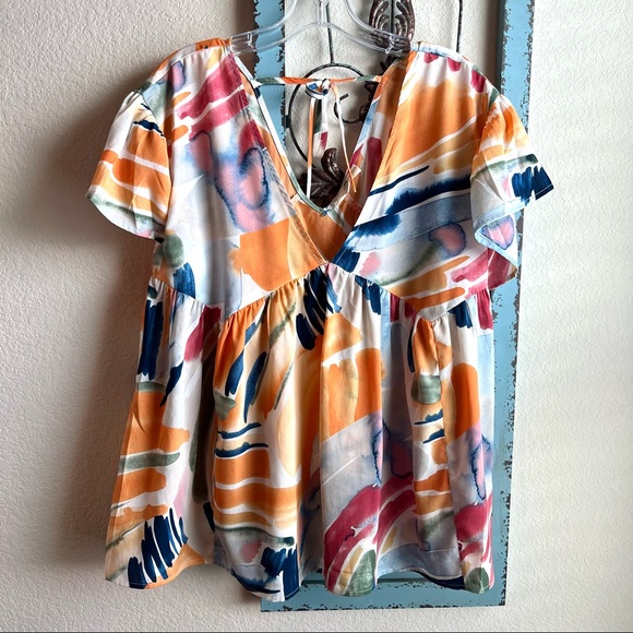 entro Tops - Entro Short Sleeve V-Neck Watercolor Blouse